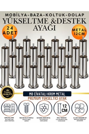 24 Adet 12 Cm M8 Vidalı Metal Krom Ayak Mobilya Ayağı Baza Ayağı Kanepe Ayağı Koltuk Ayağı Yatak Ayağı Yükseltme Ayağı Dolap Ayak Sehpa Sandık Ayakları Değişim Destek Ayağı Yükseltici Aparat Şifonyer