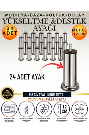 24 Adet 12 Cm M8 Vidalı Metal Krom Ayak Mobilya Ayağı Baza Ayağı Kanepe Ayağı Koltuk Ayağı Yatak Ayağı Yükseltme Ayağı Dolap Ayak Sehpa Sandık Ayakları Değişim Destek Ayağı Yükseltici Aparat Şifonyer