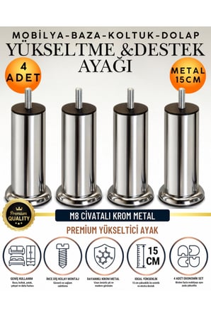8'li Set 4 Adet Ayak ve Aparat 12 Cm M8 Vidalı Metal Krom Ayak Mobilya Ayağı Baza Ayağı Kanepe Ayağı Koltuk Ayağı Yatak Ayağı Yükseltme Ayağı Dolap Ayak Sehpa Sandık Ayakları Değişim Destek Ayağı