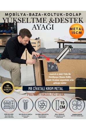 8'li Set 4 Adet Ayak ve Aparat 12 Cm M8 Vidalı Metal Krom Ayak Mobilya Ayağı Baza Ayağı Kanepe Ayağı Koltuk Ayağı Yatak Ayağı Yükseltme Ayağı Dolap Ayak Sehpa Sandık Ayakları Değişim Destek Ayağı