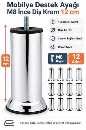 12 Adet Mobilya Kanepe Koltuk Baza Yatak Çekyat Yükseltme Ayağı M8 Ince Diş Metal Ayakları 12 Cm