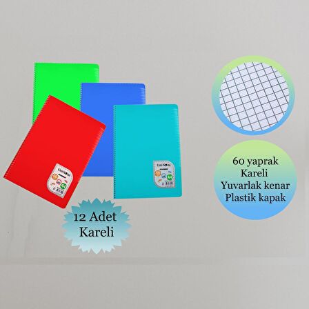 Çınar A4  60 Yaprak Colormaxi Spiralli Defter Plastik Kapak Kareli 12 Adet