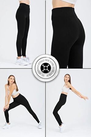 Kadın Siyah Yüksek Bel Toparlayıcı Çelik Interlok Düz Spor Tayt Pantolon