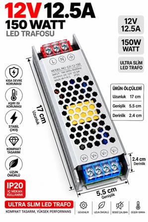 12V 12.5 Amper | 150 Watt | Led Trafosu Mini Slim Trafo | Sessiz trafo |