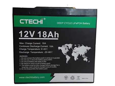 Ctechi 12.V 18Ah LifePo4 Lityum Demir Fosfat Solar Akü