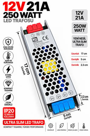 12V 21 Amper | 250 Watt | Led Trafosu Mini Slim Trafo | Sessiz trafo |