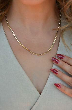 14K Gold Kaplama Ezme Zincir Kolye – Işıltılı Pul Model (50 cm)