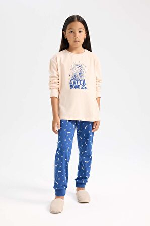 DeFacto Kız Çocuk Pijama Takımı Baskılı Uzun Kollu Üst Beli Lastikli Uzun Alt D7743A824WNPN434