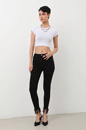 Kadın Skinny Fit Paçası Saçaklı Jean Pantolon Siyah