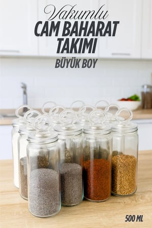 12 Adet Büyük Boy Vakum Kapaklı Cam Baharatlık Seti