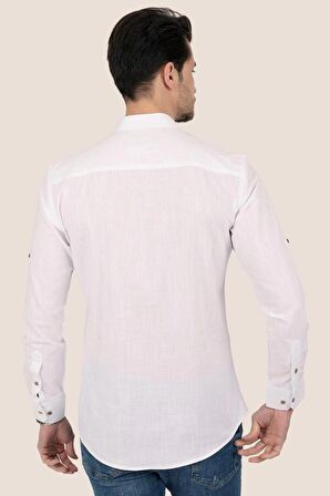 Beyaz Hakim Yaka Üç Düğmeli Slimfit Keten Gömlek