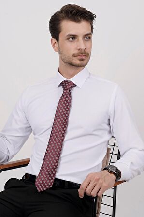 Gömlek Kravat Seti ( sunda Bordo Kare Desenli Kravat & Beyaz Armür Desenli Slimfit Gömlek)