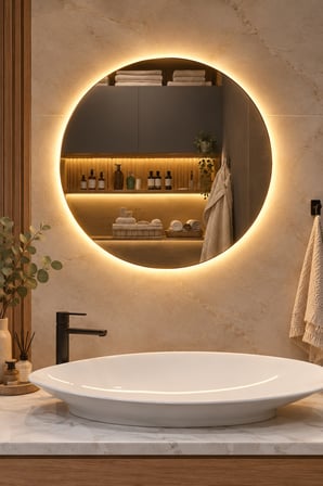 LED Işıklı Yuvarlak Dekoratif Banyo Aynası – Dokunmatik Sensörlü