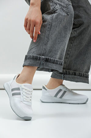 Kadın - Erkek - Unisex Bağcıklı Anatomik Taban Günlük Spor Ayakkabı Sneaker Beyaz Gri