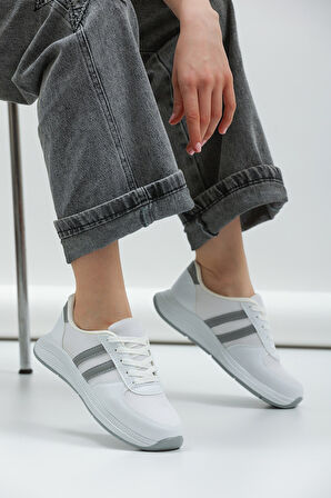 Kadın - Erkek - Unisex Bağcıklı Anatomik Taban Günlük Spor Ayakkabı Sneaker Beyaz Gri