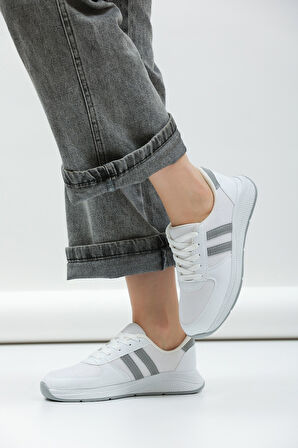 Kadın - Erkek - Unisex Bağcıklı Anatomik Taban Günlük Spor Ayakkabı Sneaker Beyaz Gri