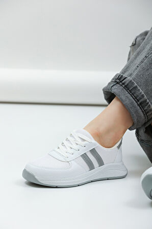 Kadın - Erkek - Unisex Bağcıklı Anatomik Taban Günlük Spor Ayakkabı Sneaker Beyaz Gri