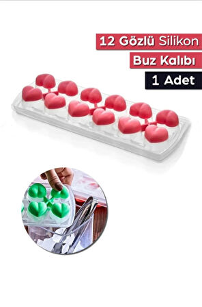 1 Adet 12 Gözlü Kalpli Silikon Kalpli Buzluk Kalıbı Kapaklı