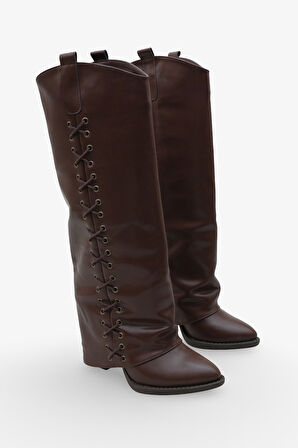 Kadın Bağcık Detaylı Sivri Burun Günlük Çizme Holdes Kahve