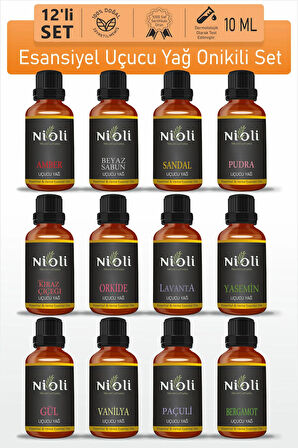Nioli 12'li Set Esansiyel Uçucu Yağ Buhurdanlık Yağı Aromaterapi Yağı 10 ML