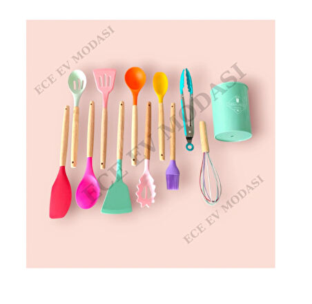 Slikon 11'li Kepçe Seti Isıya Dayanıklı; Kepçe-çırpıcı-makarna Kepçesi- Spatula Standlı Servis Seti
