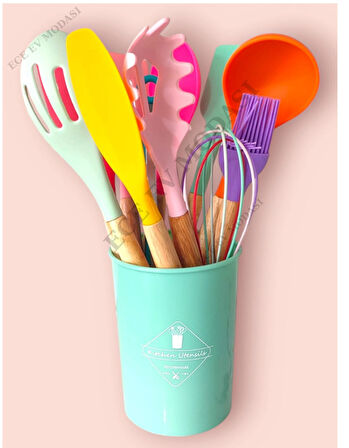 Slikon 11'li Kepçe Seti Isıya Dayanıklı; Kepçe-çırpıcı-makarna Kepçesi- Spatula Standlı Servis Seti
