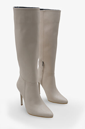 Kadın Sivri Burunlu Topuklu Yandan Fermuarlı Günlük Çizme Masi Ekru