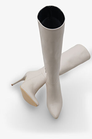 Kadın Sivri Burunlu Topuklu Yandan Fermuarlı Günlük Çizme Masi Ekru