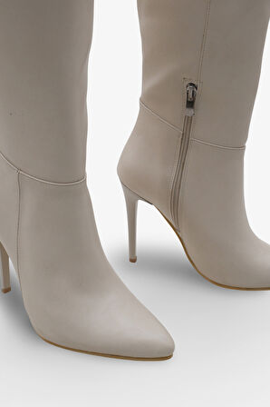 Kadın Sivri Burunlu Topuklu Yandan Fermuarlı Günlük Çizme Masi Ekru