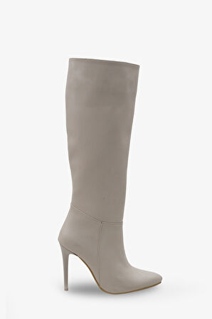 Kadın Sivri Burunlu Topuklu Yandan Fermuarlı Günlük Çizme Masi Ekru