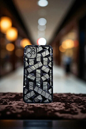 İphone 12 / 12 Pro Uyumlu Geometrik Elmas Desenli Siyah Kılıf