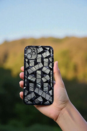 İphone 12 / 12 Pro Uyumlu Geometrik Elmas Desenli Siyah Kılıf