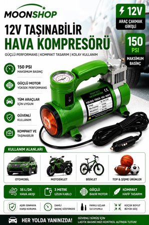 Moonshop 12V Araç Hava Kompresörü 150 PSI Taşınabilir Lastik Şişirme Pompası Çakmak Girişli Oto Hava