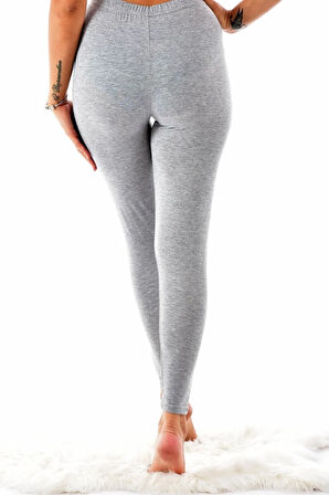 Kadın Gri Penye Elastan Uzun Tayt