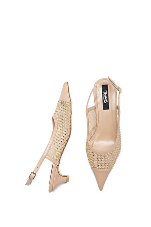 Kadın Taşlı Fileli Sivri Burun Kısa Topuklu Ayakkabı