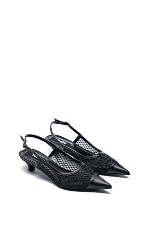 Kadın Taşlı Fileli  Kısa Topuklu  Stiletto Ayakkabı