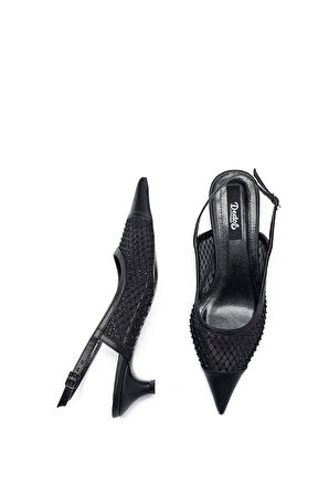 Kadın Taşlı Fileli  Kısa Topuklu  Stiletto Ayakkabı