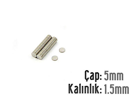 Neodyum Mıknatıs Silindir Çap 5mm , Kalınlık 1.5mm   ( 20 Adet)