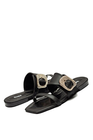 Kadın Deri Taban Taş Tokalı Terlik SİYAH 13005