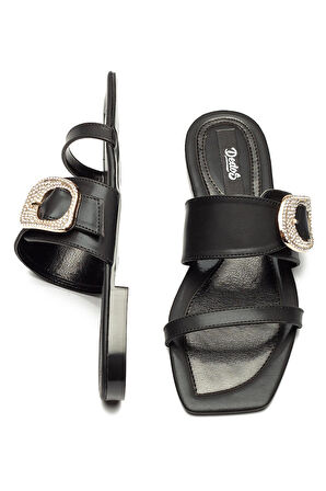 Kadın Deri Taban Taş Tokalı Terlik SİYAH 13005