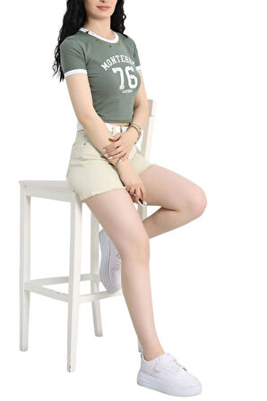 Bisiklet Yaka Baskılı Crop  Body