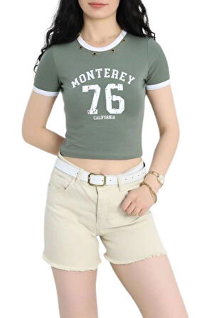 Bisiklet Yaka Baskılı Crop  Body