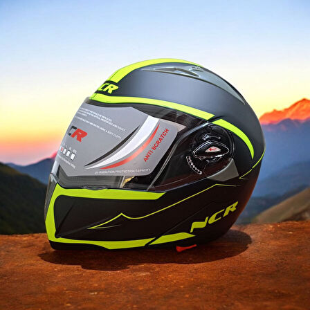 NCR-158 ÇENE AÇILIR GÖZLÜKLÜ E-CE BELGELİ KASK SARI GRAFIK