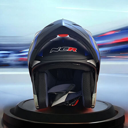 NCR-158 ÇENE AÇILIR GÖZLÜKLÜ E-CE BELGELİ KASK MAVİ GRAFİK