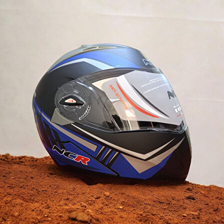 NCR-158 ÇENE AÇILIR GÖZLÜKLÜ E-CE BELGELİ KASK MAVİ GRAFİK