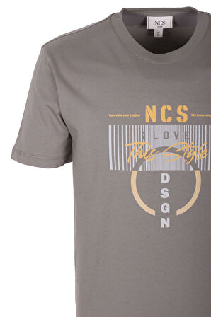 Erkek Tişört Bisiklet Yaka Slim Fit Açık Haki %100 Pamuk Baskılı T-shirt NCS JEANS 1300