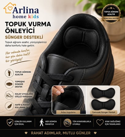 Arlina Home Kids Topuk Vurma Önleyici Sünger Destekli Siyah Ayakkabı Aksesuarı