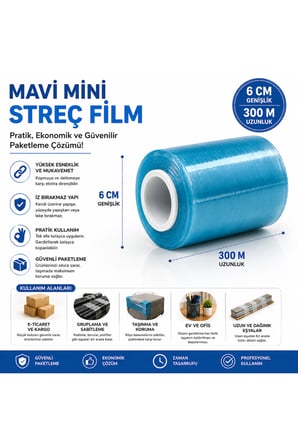 Mavi Mini Streç Film 6 cm x 300 Metre Ambalaj Ve Paketleme Streçi Rulosu