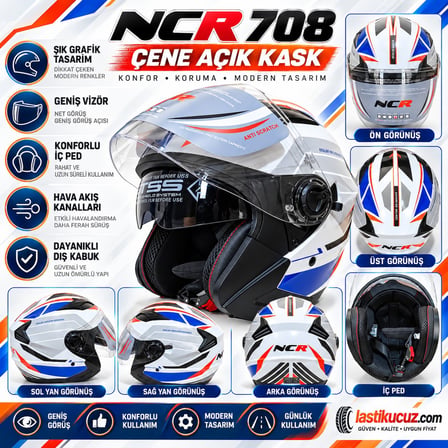 NCR KASK ÇENESİZ 708 ECE 22/06 BELGELİ- BEYAZ MAVİ GRAFİK