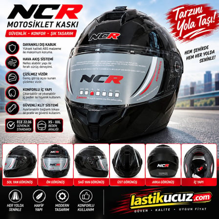 NCR-166E ÇENE AÇILIR GÖZLÜKLÜ ECE 22-06 BELGELİ KASK PARLAK SİYAH
